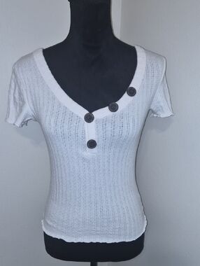 American Eagle Outfitters White Ribbed Short-Sleeve Henley with Dark Buttons